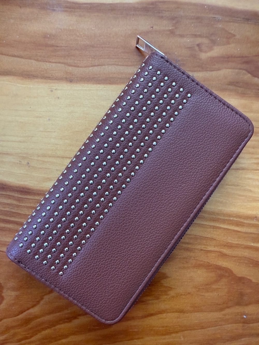 Studded Brown Zip Wallet Clutch